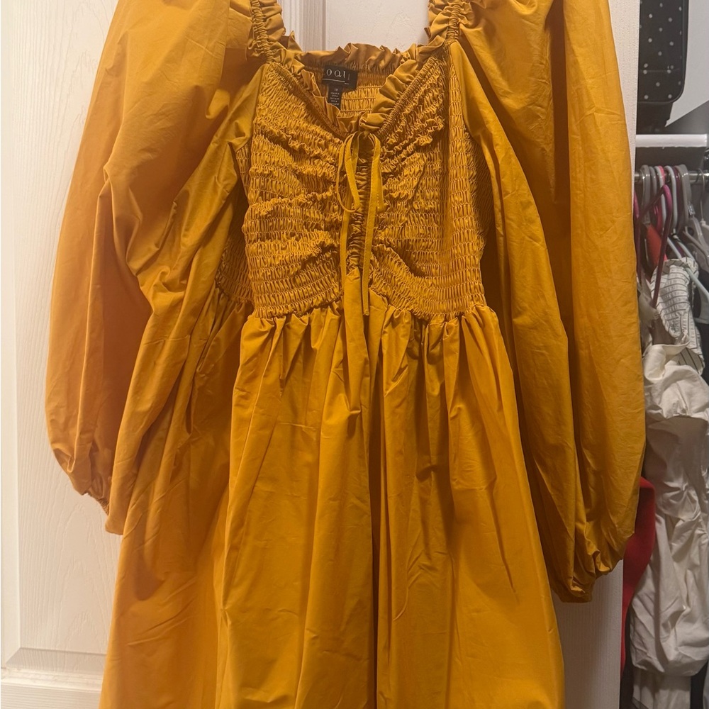 Eloquii Golden Mustard Long Sleeve Smocked Waist Dress